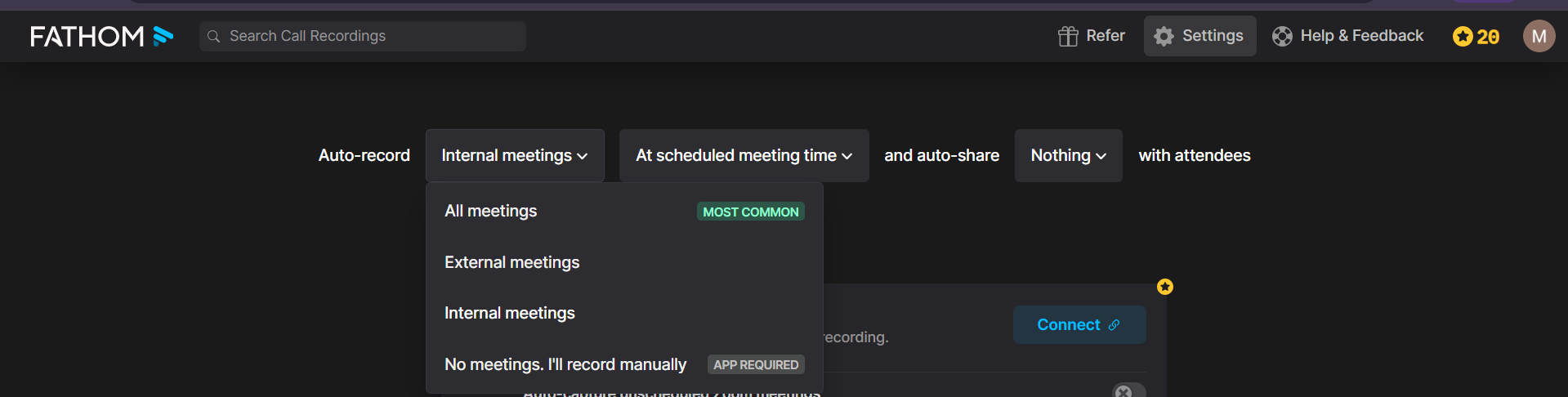 Output artifact for "Recording Mode Controls" test: The settings menu shows capture-mode choices including all meetings, external meetings, internal meetings, and manual recording., fathom-meeting-options.png