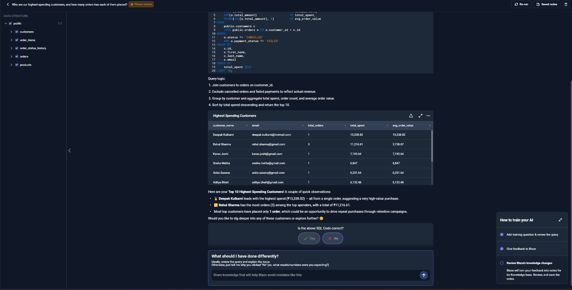 Output artifact for "Feedback-Guided Business-Rule Learning" test: The training screen presents the generated SQL, the highest-spending customer table, and an explicit review prompt so the user can validate the answer., training-highest-spending-please-review.png