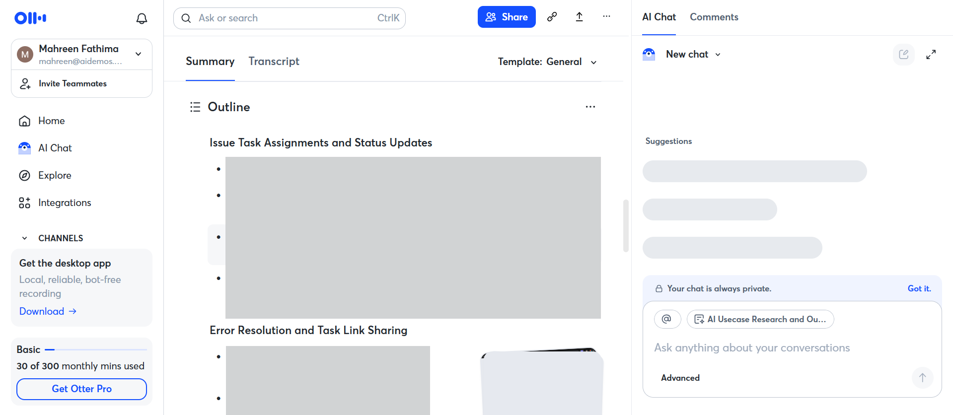 Output artifact for "Structured Meeting Summaries and Topic Segmentation" test: The summary is broken into topic-based sections such as issue/task assignments and error resolution, showing clear segmentation rather than one long blob., otter-ai-summary-topic-segmentation.png