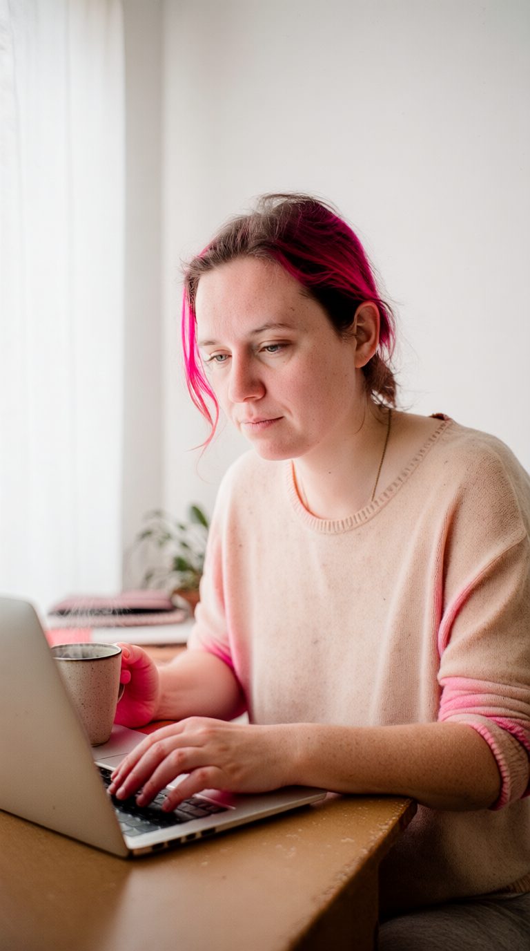 Output artifact for "Reference Photo Scene Generation" test: The laptop scene preserved natural hand placement on the keyboard and mug, and the skin texture looked convincing, but freckles mostly vanished, the face shifted slightly, and the pink hair varied across the batch instead of staying fixed., working_on_laptop__a_candid_mid-morning_photo_of_the_same_person_seated_at_a_worn_wooden_desk_posit_tv3snikmcaq6kdcr0dmj_3-2.png