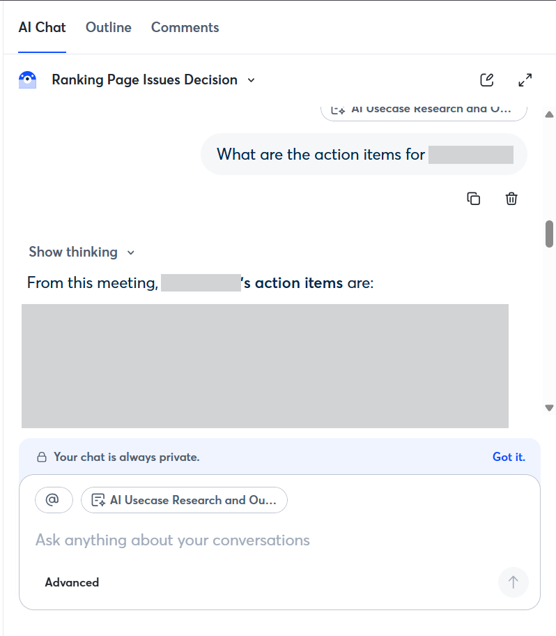 Output artifact for "Meeting Q&A and Conversational Search" test: The chat interface returned a meeting-grounded response to an action-items question, confirming that conversational search works for post-call retrieval., otter-ai-chat-query-success.png