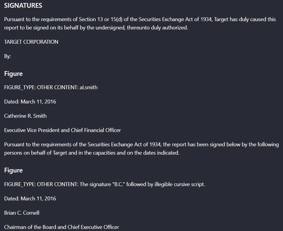 Output artifact for "Scanned Text OCR and Degraded Text Recovery" test: The signatures page surfaced signer names, titles, dates, and figure placeholders for the handwritten marks., tensorlake_hybrid_earningspdf_parsed_signs.png