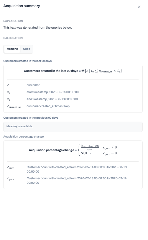 Output artifact for "Query Transparency and Validation" test: The acquisition summary modal explains the calculation in plain mathematical notation on the Meaning tab., input1-acquisition-summary-meaning-tab.png