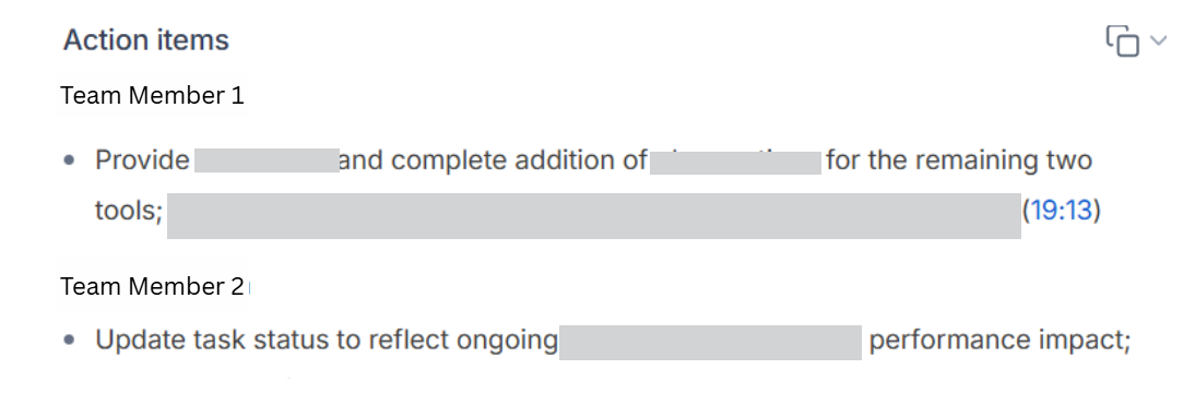 Output artifact for "Action Item Extraction" test: The Action items section lists follow-ups under team members with timestamped references, showing action-item extraction worked., fireflies-extracted-action-items-success.png