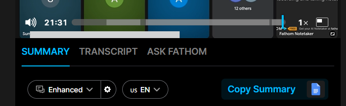 Output artifact for "Automated Meeting Capture" test: The recording remained available near the end of playback, corroborating full-session capture without a mid-call drop., fathom-bot-till-end-of-meeting-join-reliability-success.png