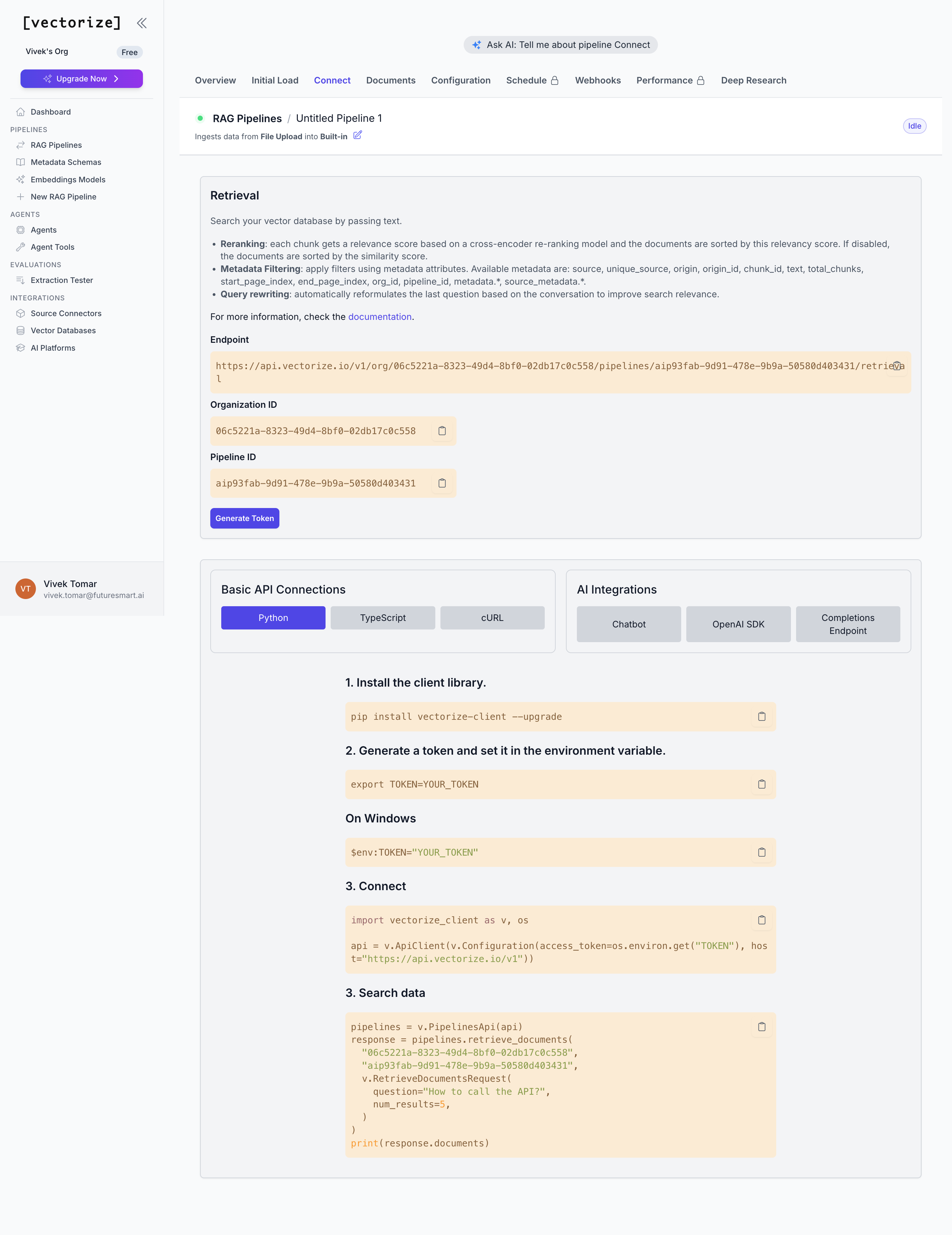 Output artifact for "Retrieval API and Query Optimization" test: The Connect tab exposes the retrieval endpoint, org and pipeline IDs, token generation, metadata filtering, reranking, and query rewriting controls., 18_connect_tab.png